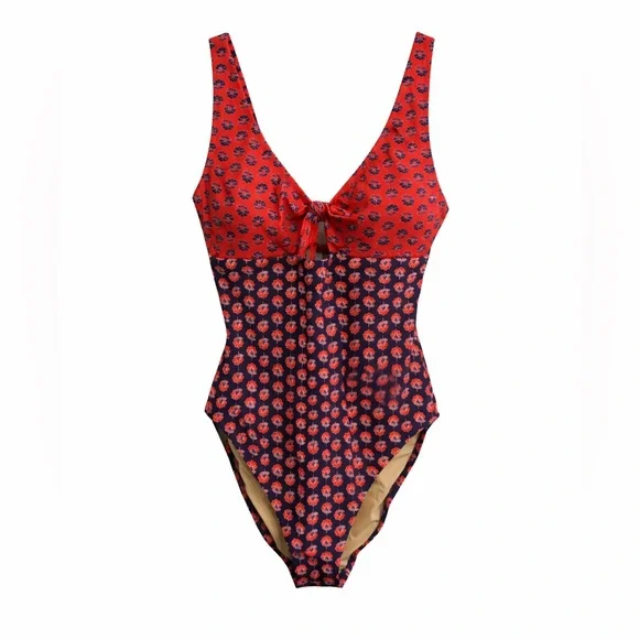 J.Crew Women’s One Piece Swimsuit Red Navy Floral Tie Front Medium M Beach - Picture 1 of 6